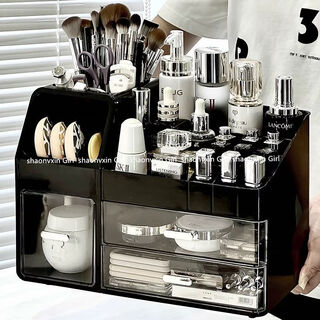 Fantasy desktop cosmetics storage box, high-end drawer-type skin care product storage rack, dressing table, lipstick and powder puff organizer box, black/transparent drawer, capacity upgrade/partition storage box