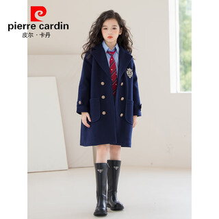 Pierre cardin girls' woolen coat british college style 2025 winter thickened mid-length large children's woolen coat warm navy 150cm