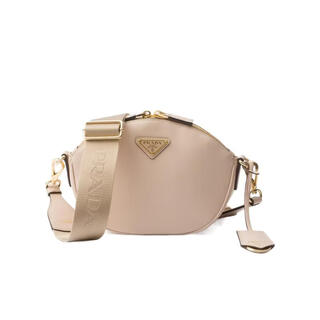 Prada women's shoulder bag, detachable shoulder strap, built-in patch pocket, metal logo decoration, webbing print design, nude color, one size fits all