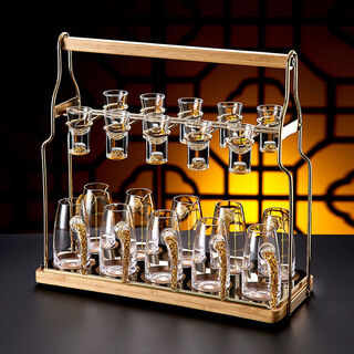Green apple chinese style light luxury high-end glass wine glass wine dispenser set wine set hotel household small one-cup wine cup gold foil wine dispenser 100ml 10 pieces + gold foil cup 10ml 10 pieces + hand integrated rack