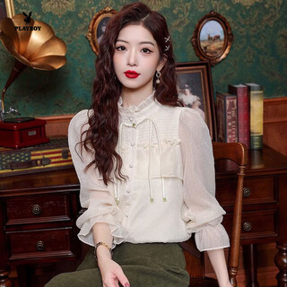 Playboy (playboy) new chinese style fungus edge stand collar chiffon shirt for women spring sweet tassel button-down shirt ruffled bell sleeve top official flagship picture color top m 90-100