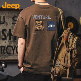 Jeep jeep short-sleeved men's t-shirt summer retro pure cotton heavy casual casual handsome loose clothes men's brown xl