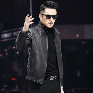 Xiaohongshu haining genuine leather jacket men's short single piece slim first layer pure cowhide stand collar leather jacket spring and autumn black single style m