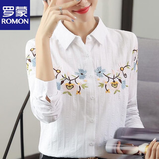 Romon cotton embroidered shirt 2026 spring and summer new white versatile top embroidered temperament long-sleeved shirt for women white s recommended 75-95jin jin equals 0.5 kg