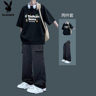 Playboy (playboy) american t-shirt summer short-sleeved suit casual trend matching men's ice silk trousers loose fashion two-piece set for men 2-piece set-sunny pure cotton black short-sleeved + overalls black m upgraded version
