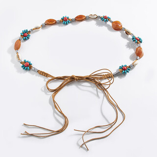 Bohemian ethnic style hand-woven wooden bead flower belt for women, waist rope f style brown