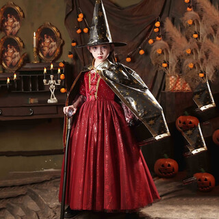 Alertchychy halloween children's costume girl dress character little girl dance cosplay witch vampire costume halloween burgundy costume + hat + shawl 110