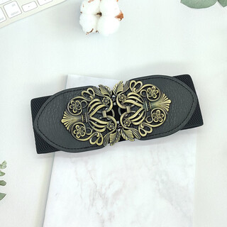 Korean version of retro palace carved buckle elastic belt, fashionable women's waist shaping belt, four colors available, pu leather girdle, black