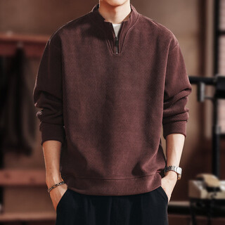 Green deer american retro half-zip stand collar sweater men's spring and autumn textured loose casual long-sleeved t-shirt jacket maroon l suitable for 120-140 jin jin equals 0.5 kg