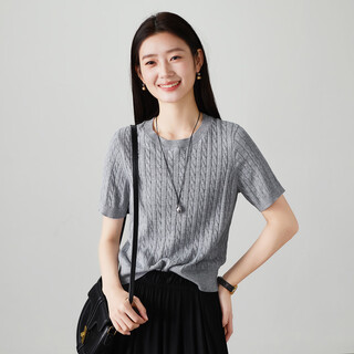 Sofsil 2026 spring new simple style round neck short sleeve simple and comfortable cable knit sweater women's solid color loose top