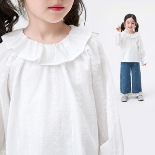 Xiaoyinman children's clothing girls pure cotton shirt lace round neck 26 spring new style sweet casual top for small and medium-sized children and girls off-white 105