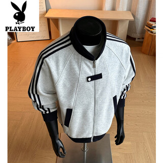 Playboy (playboy) american patchwork sports cardigan sweatshirt for men in spring and autumn heavy trend loose zipper knitted jacket casual baseball uniform white gray 3xl 160 to 180jin jin equals 0.5 kg can be worn