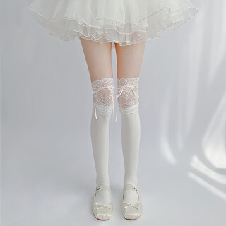 Meifuren lolita socks lace bow japanese style women's over-the-knee socks lace high socks tied with ribbons white calf socks white-pink/over-the-knee socks one size fits all about 60cm long