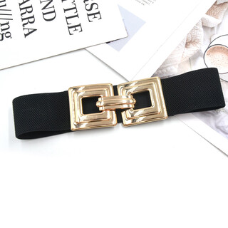 2024 new retro geometric gold metal large diamond double ring buckle elastic elastic waistband with dress wide belt black