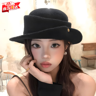 Time bird top hat women's hepburn style hat black thousand gold style autumn and winter french elegant face revealing small curly woolen fisherman hat black head circumference 56-58cm