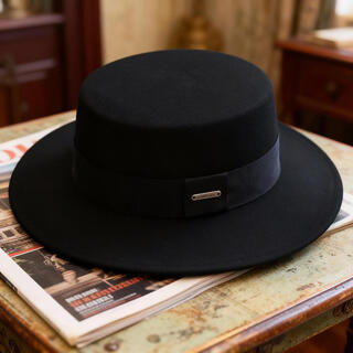 Albinele autumn and winter retro british style wool flat top hat for men and women, fashionable and versatile sunshade, black with black belt, m/53-58cm/adjustable