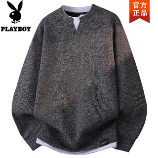 Playboy (playboy) fake two-piece spring and autumn sweatshirt men's long-sleeved t-shirt casual loose versatile early spring men's bottoming shirt top 81133 dark gray m recommended 90-110jin jin equals 0.5 kg