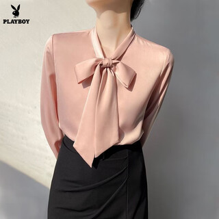 Playboy (playboy) satin shirt bow ribbon satin new long-sleeved shirt top official flagship cherry blossom pink 4xl 140-150jin jin equals 0.5 kg