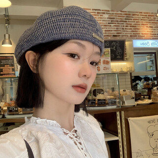 Xiaohongshu korean-style retro hollow knitted beret for women with big head and face, small literary and versatile art reverse blue m (5658cm)