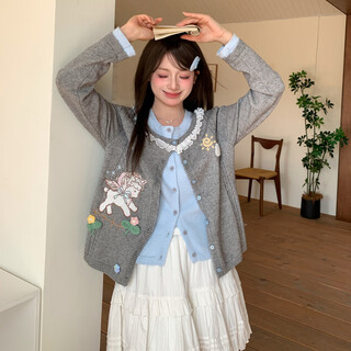 Mori tribe sweet and cute lamb embroidery fake two-piece knitted cardigan for women new versatile loose sweater spring knitted cardigan single piece s model size