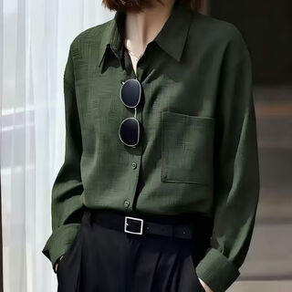 Demana (dme) new spring long-sleeved shirt literary retro loose top green inner design hong kong style solid color shirt for women green s