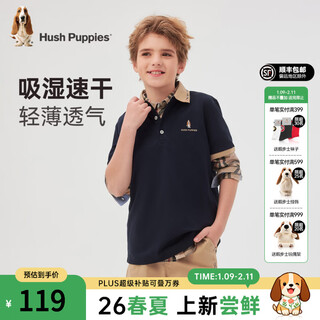 Hush puppies children's clothing children's boys 2026 spring and summer new classic plaid casual comfortable contrast color short-sleeved polo shirt navy blue 120 cm