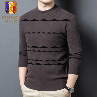 Guski light luxury brand high-end men's spring and autumn new pure wool sweater men's all-match comfortable sweater casual bottoming shirt light gray brown exquisite gift box s (165)