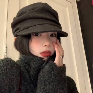 Xiaohongshu japanese yamamoto style black pleated beret for women in autumn and winter showing face small newsboy hat big head circumference dark gray m (5658cm)
