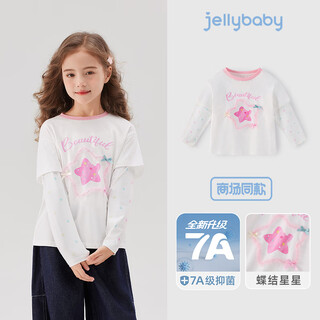Jellybaby sun-protective, cool and quick-drying fake two-piece t-shirt 26 new spring style girls versatile big picture t-shirt big children
