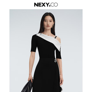 Nexy.co same style 2026 spring new contrasting slanted shoulder slim knitted sweater simple top black s