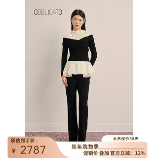 Obbligato origato spring pleated stand-up collar beaded contrast patchwork sweater black sweater l