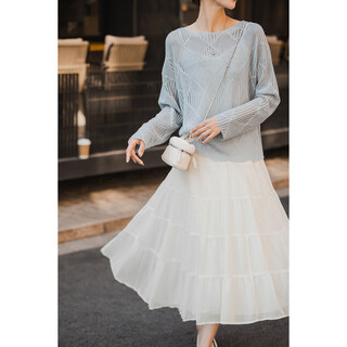 Xiaoguoli paper man blouse, lazy hollow all-match sweater, spring style one-line collar loose all-match top, blue, one size fits all size 1