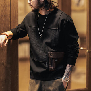 Green deer american retro fashion brand patchwork textured sweatshirt for men in spring and autumn loose workwear pocket round neck top for men graphite black l suitable for 120-140 jin jin equals 0.5 kg