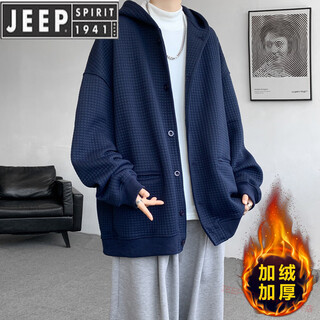 Jeep spirit high-end extra large size 300jin jin is equal to 0.5kg pure black jacket men's autumn and winter plus fat plus fat men's fashion brand velvet sweatshirt dark blue plus velvet 8xl 275-300jin jin is equal to 0.5kg