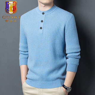 Guski light luxury brand high-end men's spring and autumn new pure wool sweater men's round neck inner sweater casual business bottoming shirt ice blue exquisite gift box s (165)