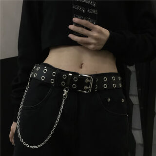 Wanhongda belt for women korean ins retro personality black double-breasted metal chain decoration versatile punk belt men's trendy double-row hole belt + chain