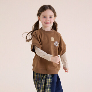 Yoona's mom girls 2026 spring new korean style simple patch short sleeve children's layer top baby t-shirt trendy coffee color ready stock 150