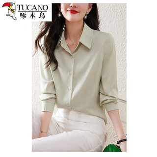 Woodpecker-like no-iron satin professional shirt for women, spring and autumn design, versatile acetate top, imitation silk shirt, light green xl