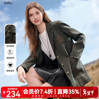 Betu women's clothing 2025 autumn new suit retro temperament high-end autumn suit jacket women 2509t25 green plaid xs