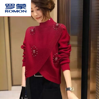 Romon cardigan women's chinese red knit sweater half turtle collar loose western style autumn and winter new european station bottoming sweater bright red beads m 90jin jin is equal to 0.5kg -105jin jin is equal to 0.5kg
