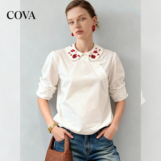 Cova international first-line brand 2026 design new chinese style national style white long-sleeved shirt embroidery small heavy industry white shirt s