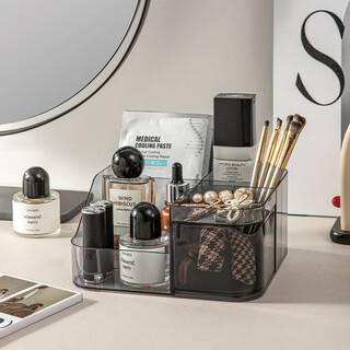 Shantou lincun cosmetics storage box desktop transparent dressing table plastic storage box bathroom lipstick and skin care product storage and organization transparent gray