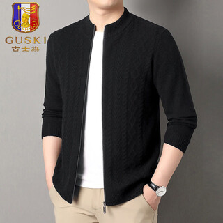 Guski light luxury brand high-end men's wool sweater casual sweater business warm knitted cardigan solid color bottoming shirt black exquisite gift box l (110)