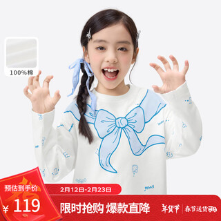 Xiaoyinman children's clothing girls round neck casual sweatshirt printed bow 26 spring girls pure cotton casual top off-white 140