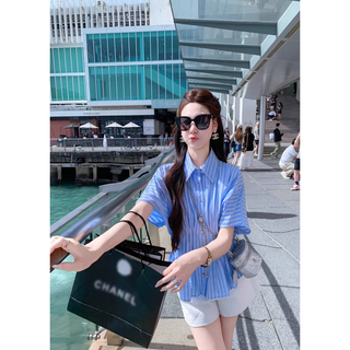 Fish rabbit's rabbit waist slimming blue striped shirt women's design short-sleeved shirt temperament women's top blue m