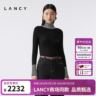 Lancy wool cashmere 2025 winter new versatile striped turtle neck slim knitted bottoming shirt women black 2xl