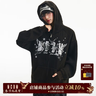 Medm knitted splicing angel washed hooded sweatshirt distressed retro niche high-end casual zipper hoodie black s