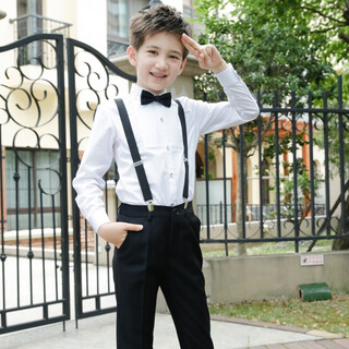 Feathered duck children's dress primary school host flower girl overalls suit boy piano cantata performance clothing black style 1 (shirt + trousers + suspenders + bow tie) size 130 (recommended height 117-126cm)