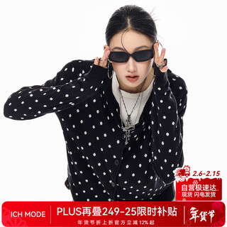 Ich mode american retro slim polka-dot knitted cardigan for women 2026 new spring and autumn lazy sweater jacket black m