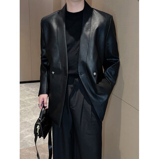 Vcictiolia leather jacket men's spring and autumn handsome style collarless suit 2026 new style leather suit men's top black m recommended 115jin jin equal to within 0.5 kg